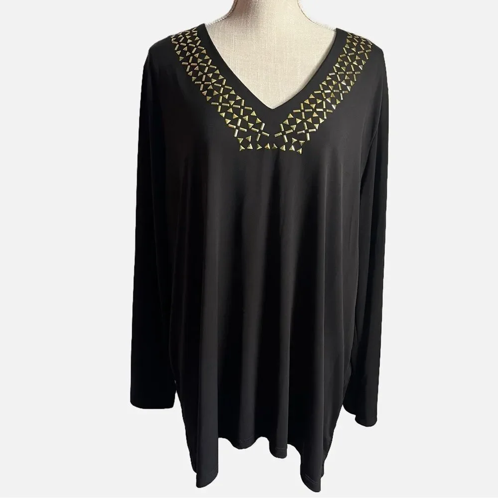 Carmen Marc Valvo Black Pullover Blouse Gold Embellished V-Neck Women’s Plus 2X - Picture 2 of 10